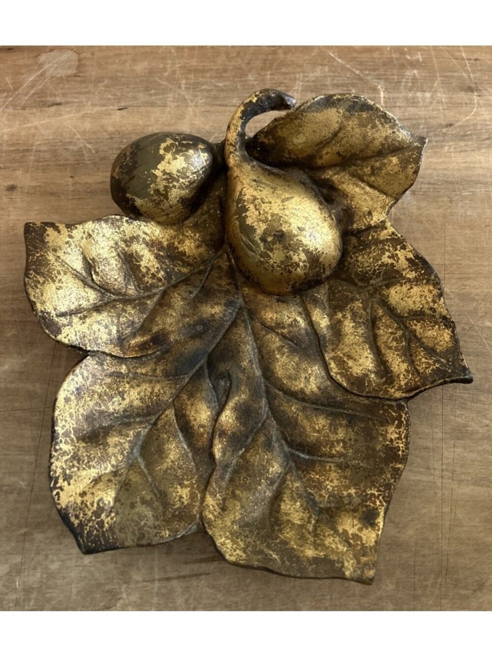 Vintage Gilt Gold Cast Metal Embossed Fig Fruit Leaf Shaped Trinket Dish Bowl